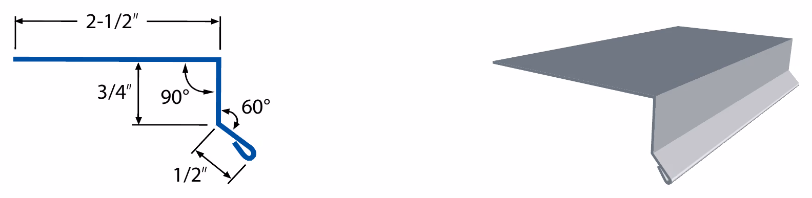 Drip edge profile diagram with dimensions and angles