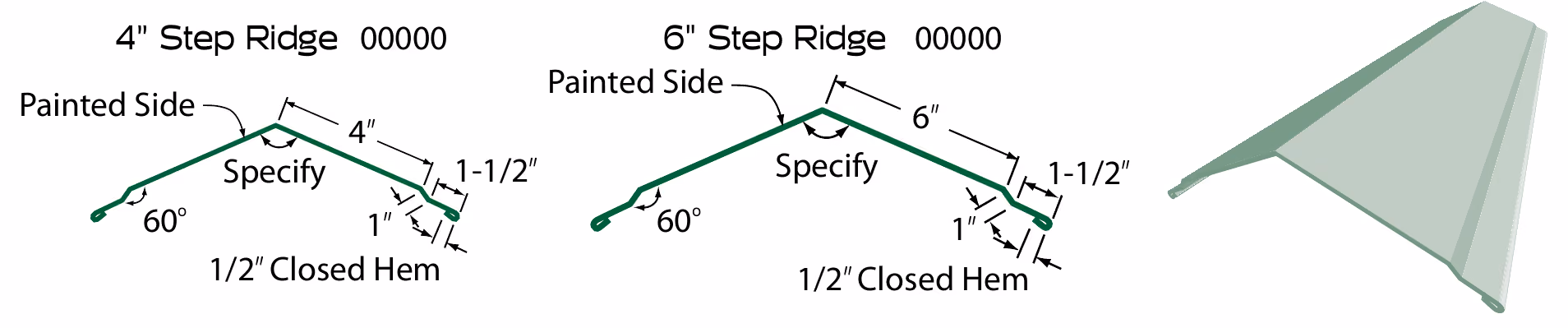 Step Ridge Cap profile diagram and 3D render