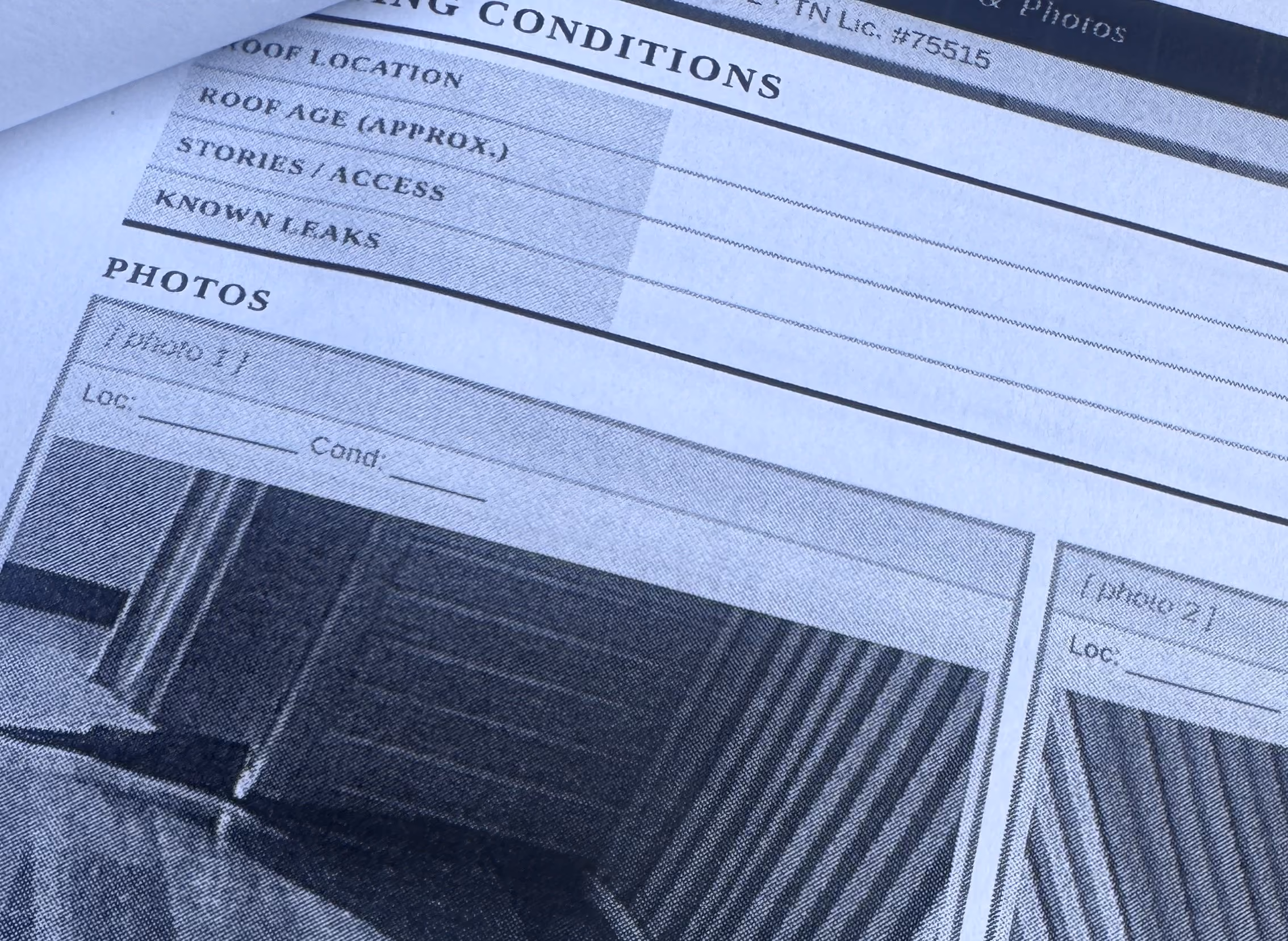 Partial view of a printed inspection report showing roof condition and photos section.