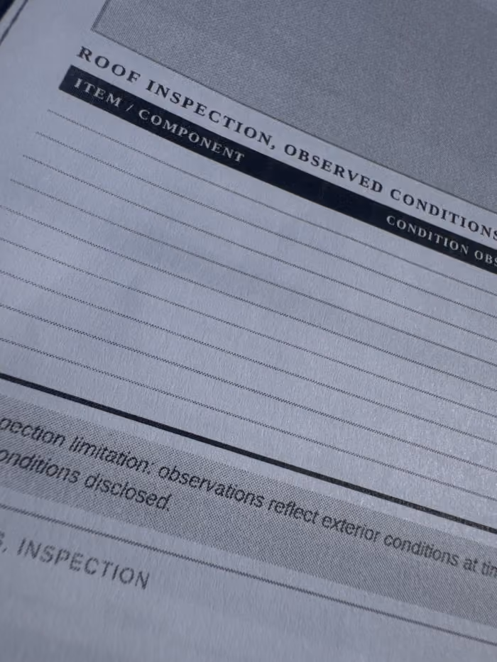 Blank roof inspection report form with columns for item/component and condition observed.