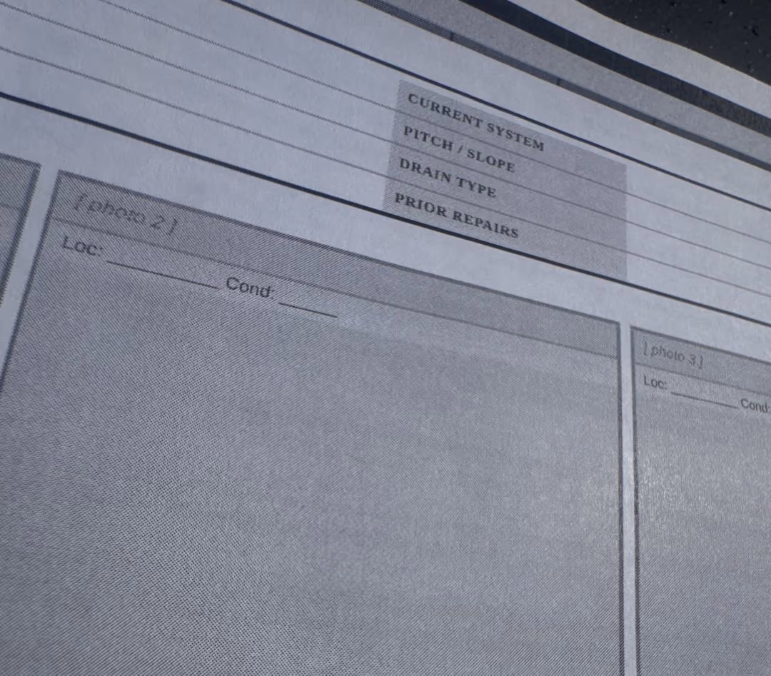 Partial view of a printed form with fields for Current System, Pitch/Slope, Drain Type, and Prior Repairs.