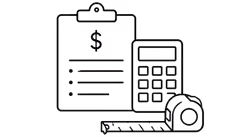 Calculator, clipboard with dollar sign, and measuring tape icons representing cost estimation.