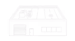 White line drawing of a modern building with windows, a door, and rooftop features on black background.