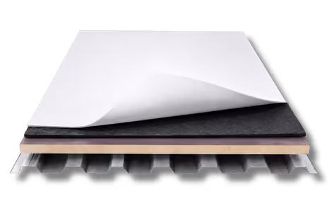 Cross-section of layered construction materials including metal corrugated base, wood, black felt, and white sheet.