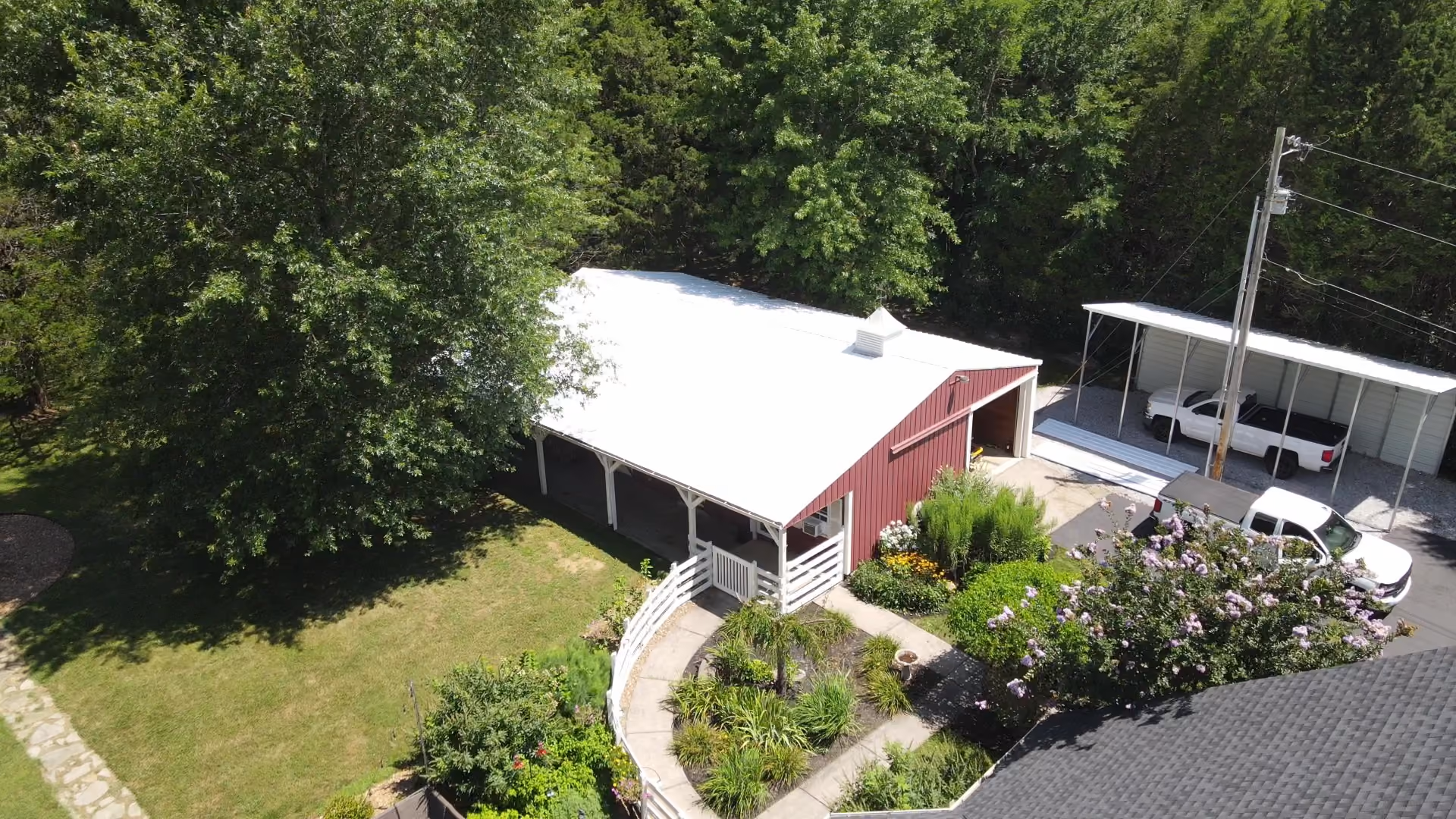 Stone building with green metal roof and decorative trim in Middle Tennessee
