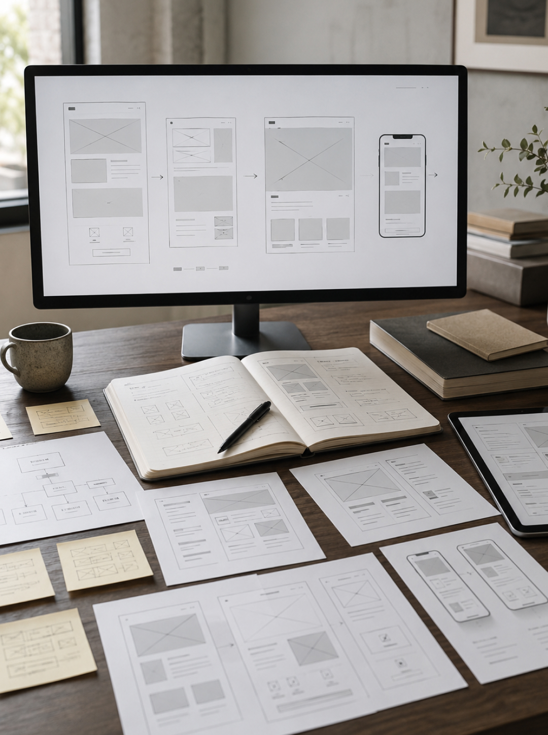 Website wireframing workspace with desktop and mobile layouts, sketches and user-flow diagrams