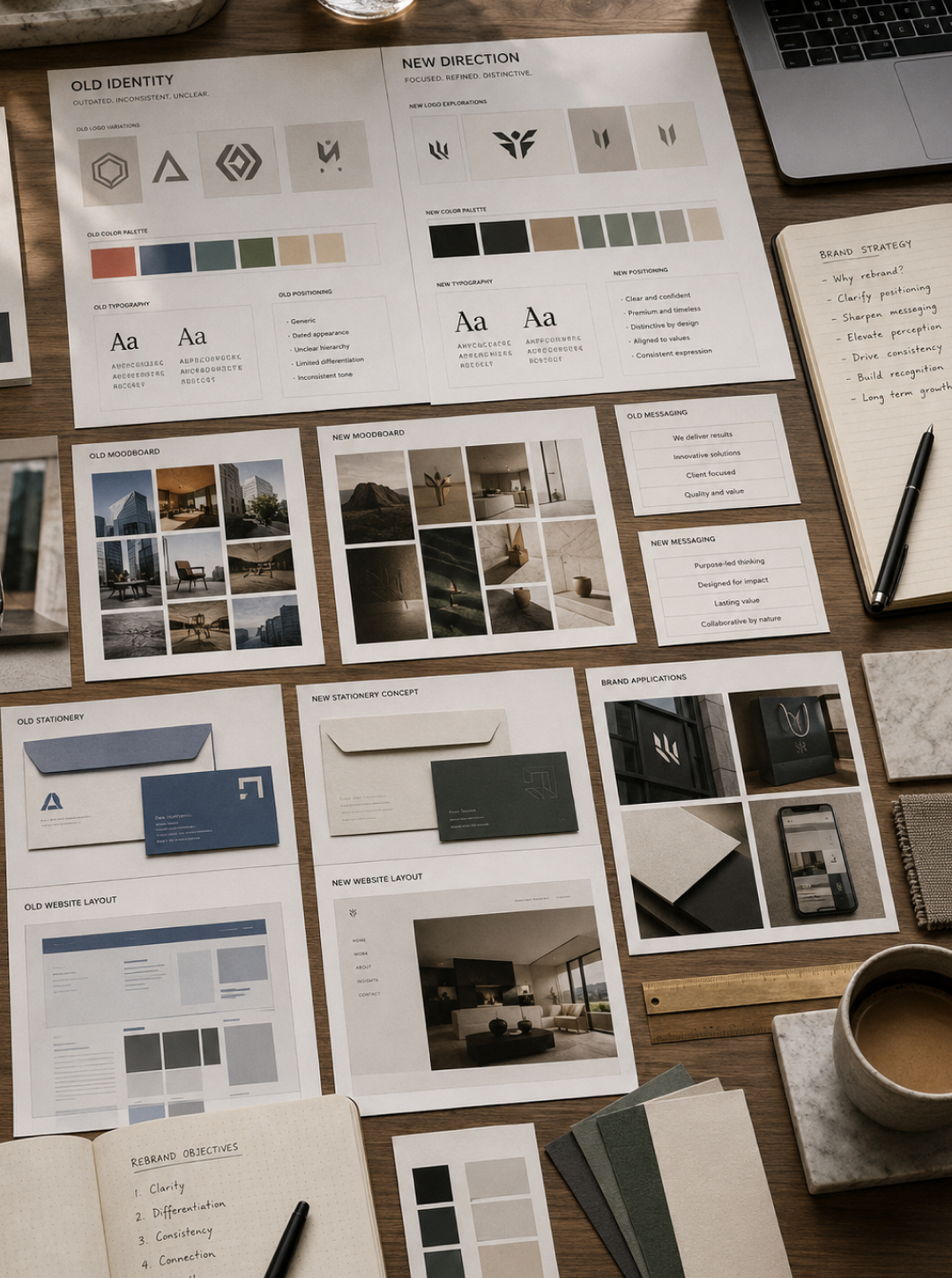 Rebranding workspace comparing old and new logos, colour palettes, messaging and website concepts