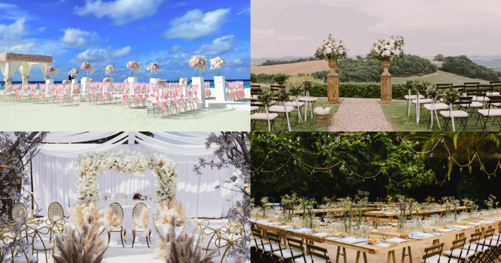 Four images depicting different wedding venue styles, including a beach, a rustic countryside, an elegant indoor space, and an outdoor garden, to highlight the comparison of venue types.