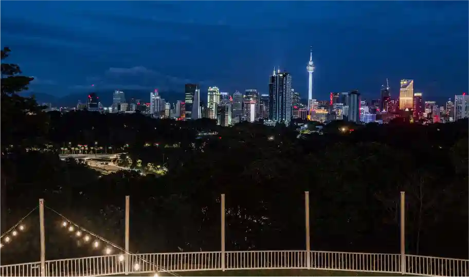 A panoramic night view of the Kuala Lumpur city skyline as seen from Whitehouse @ The Estate, showcasing the stunning backdrop for events.