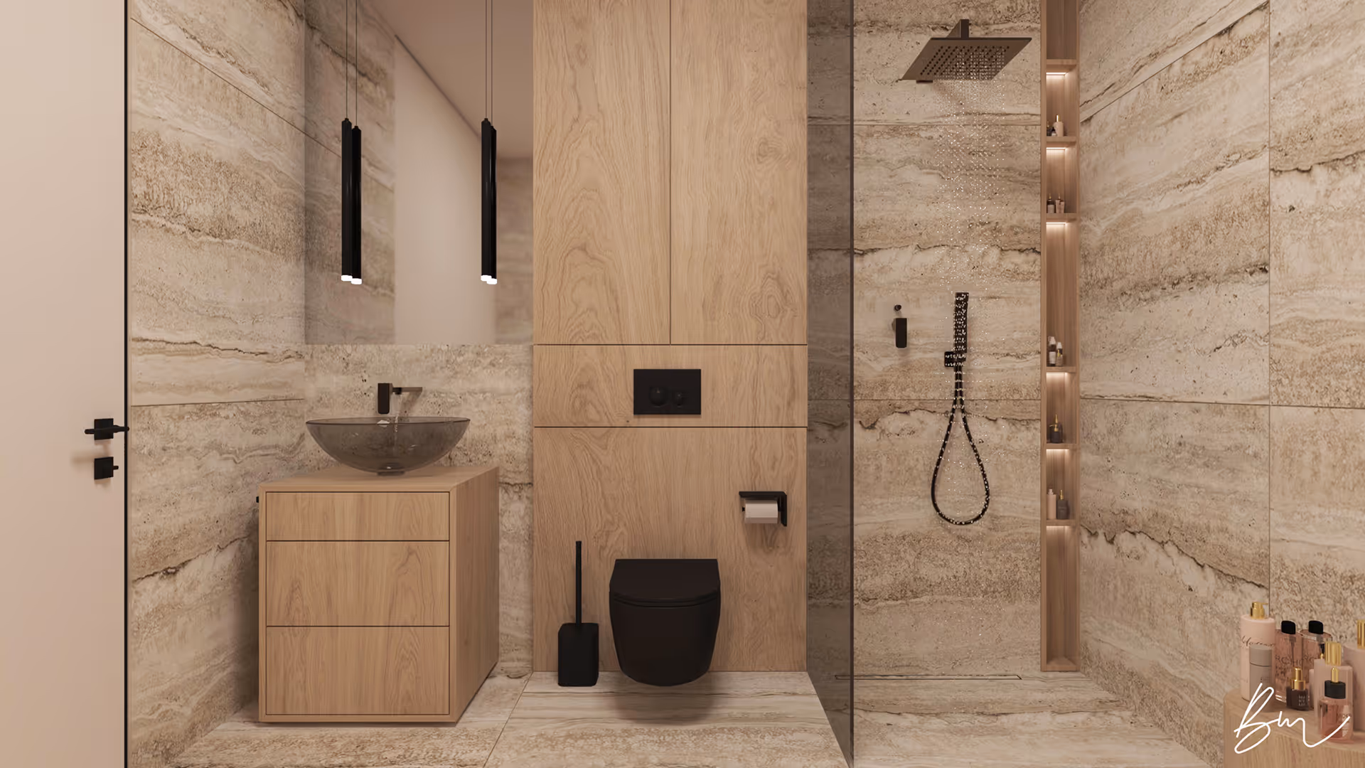 Modern bathroom with beige stone walls, wood vanity with glass vessel sink, black toilet, and walk-in shower with rainfall showerhead.