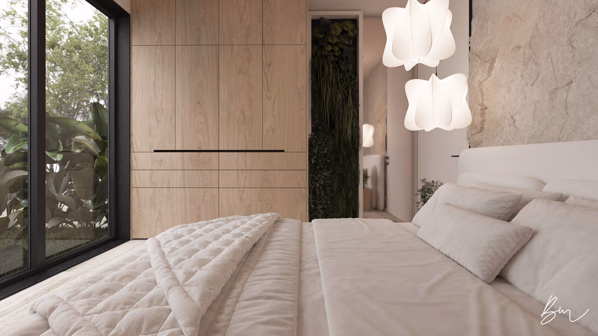 Modern bedroom with large window, beige wooden wardrobe, white bed linens, and two white pendant lights.