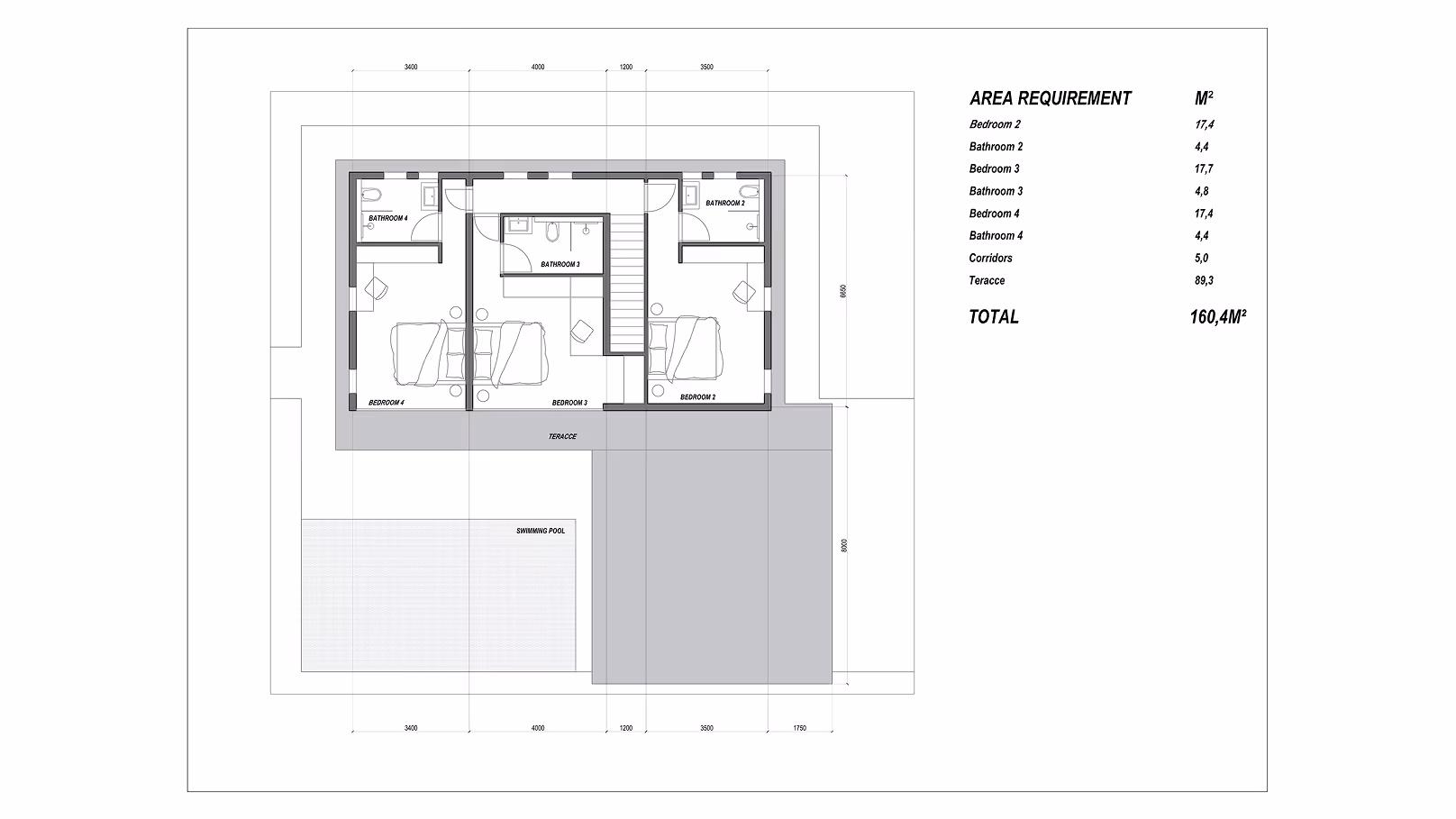 Architectural floor plan showing three bedrooms with attached bathrooms, a terrace, and a swimming pool layout, including area requirements in square meters.