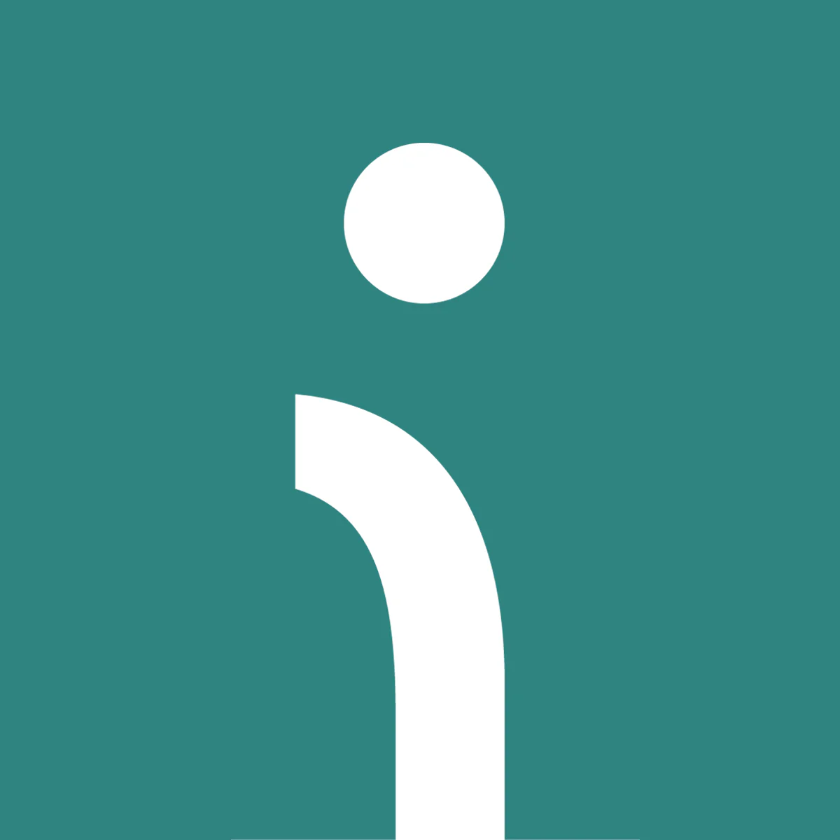 White stylized lowercase letter 'i' with a dot on top on a teal background.