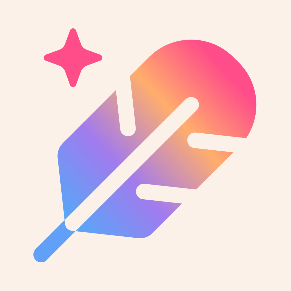 Colorful gradient feather icon with a pink sparkle on a light background.