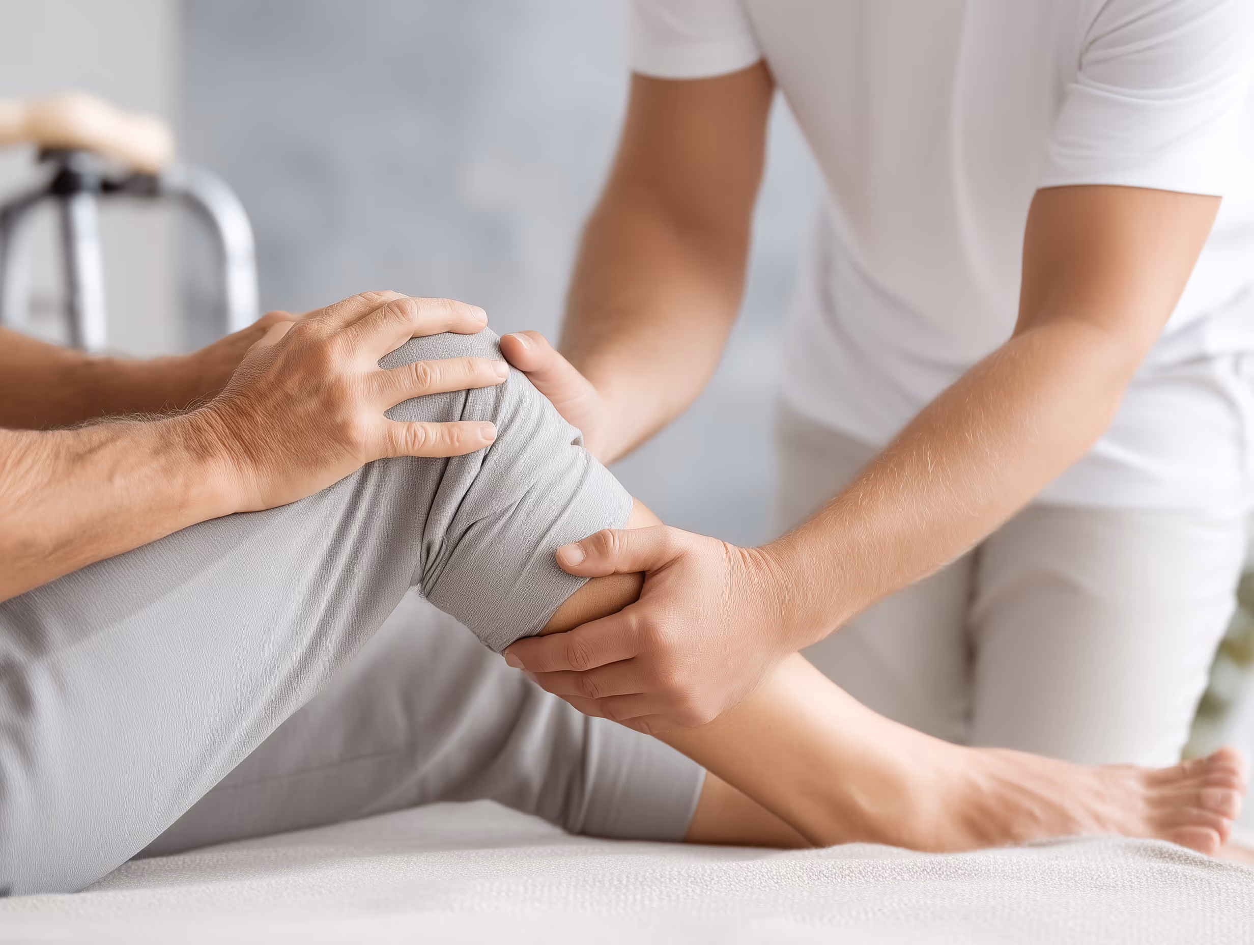 Eine Person bekommt eine Knieuntersuchung von einem Arzt oder Physiotherapeuten, beide Hände halten das Knie.