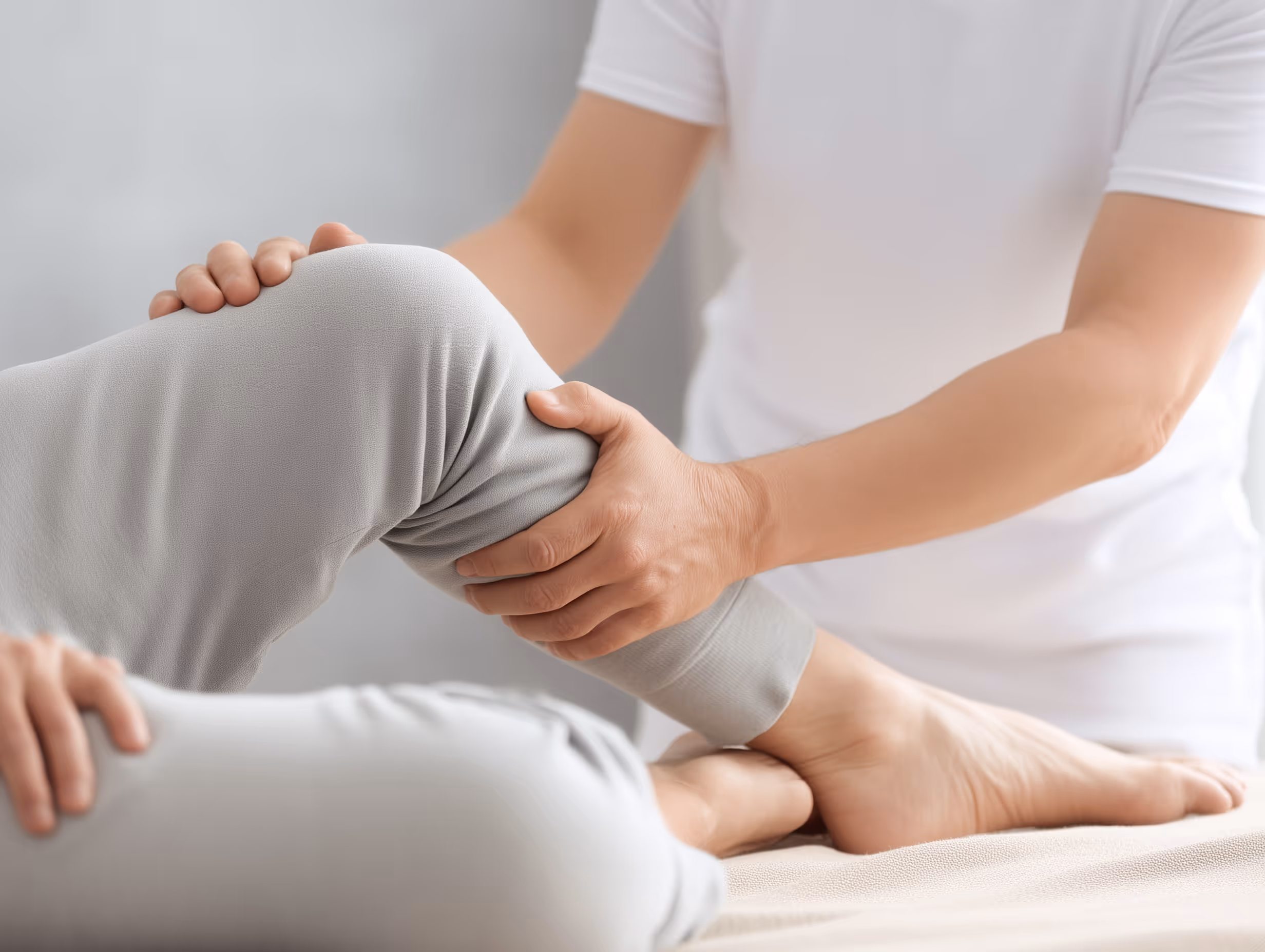 Physiotherapeut massiert und dehnt das Knie eines Patienten während einer Behandlung.