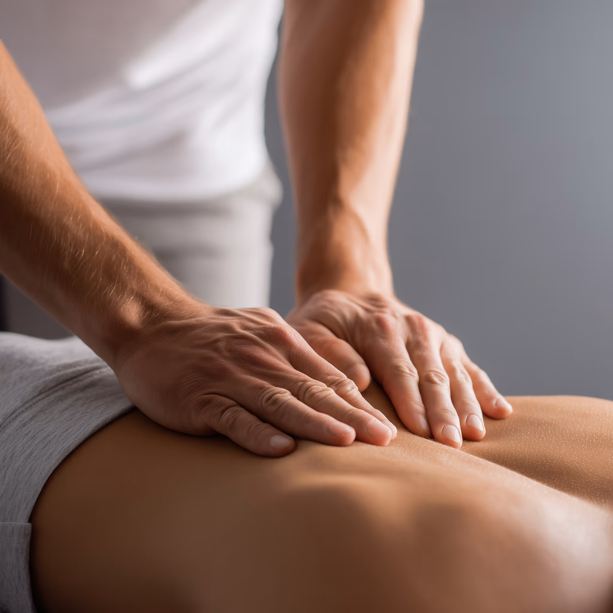 Nahaufnahme von Händen, die eine klassische Rückenmassage durchführen.