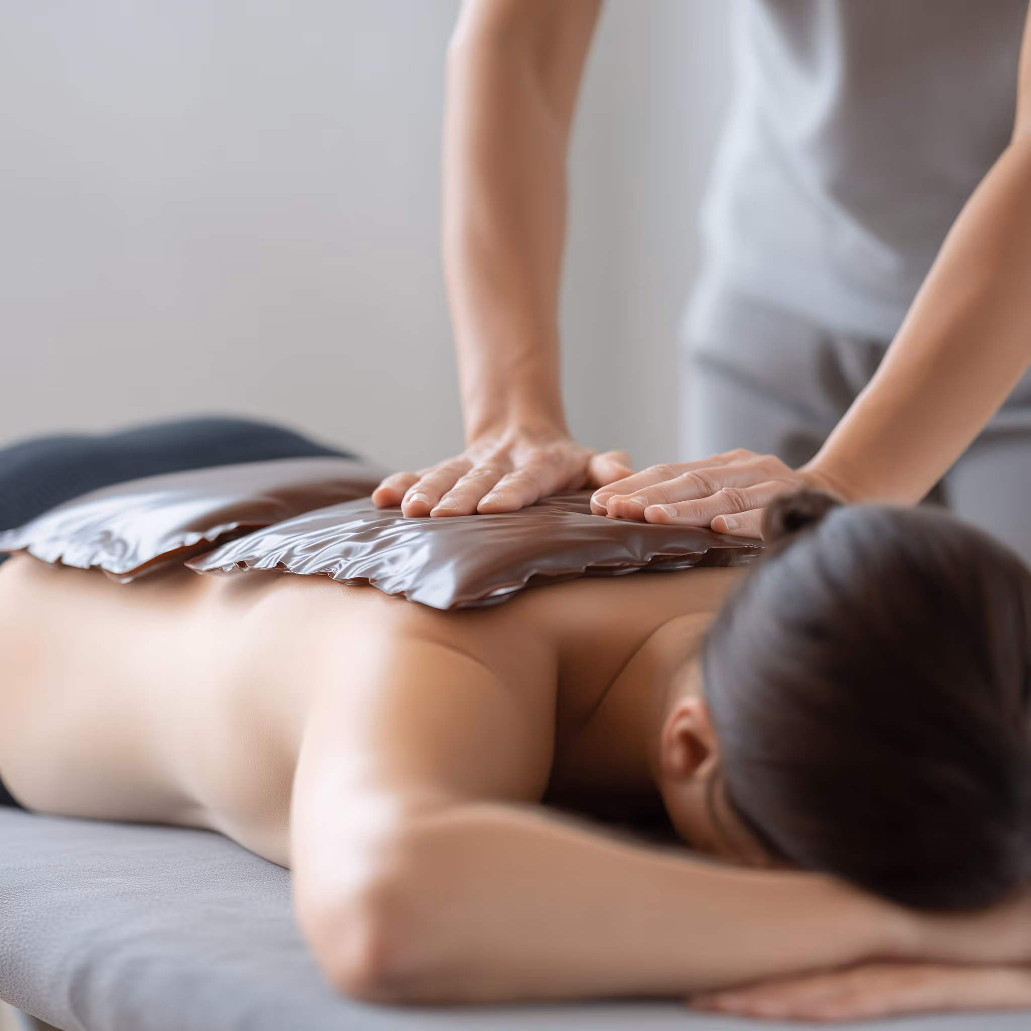Person erhält Wärmetherapie mit heißen Tonpackungen auf dem Rücken während einer Massage.