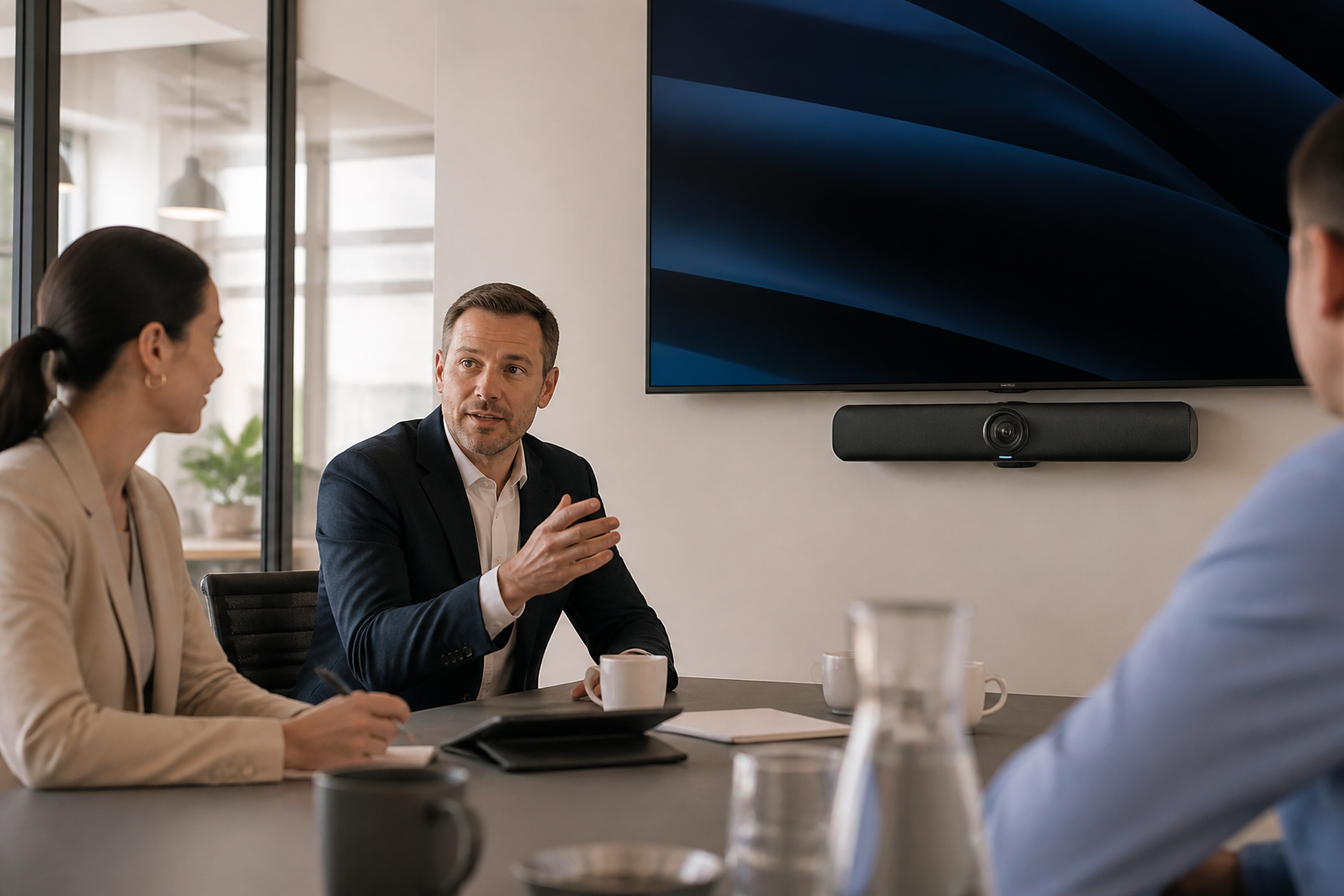 Yealink all-in-one video bar in a modern meeting room.