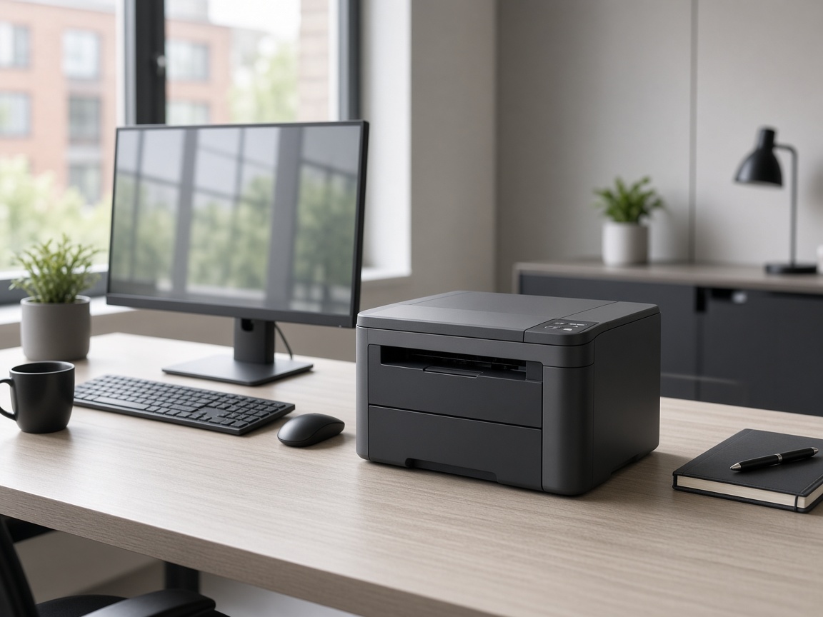 Compact desktop office printer on a workstation desk.