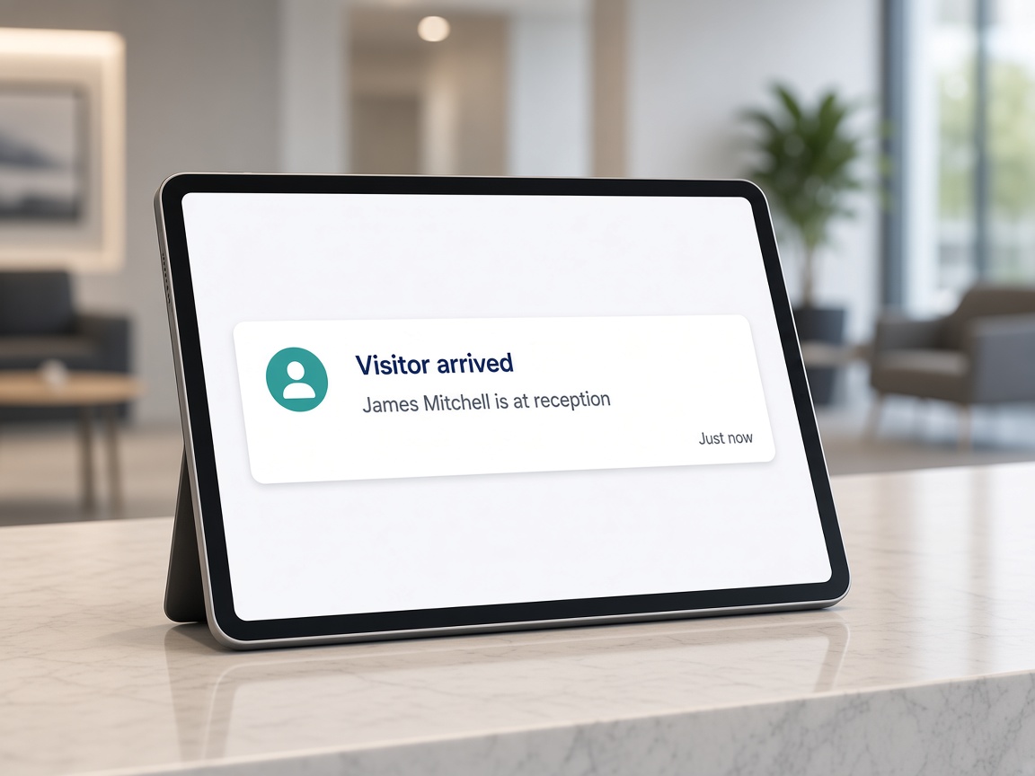 Tablet on a reception desk showing a visitor arrival notification alert.