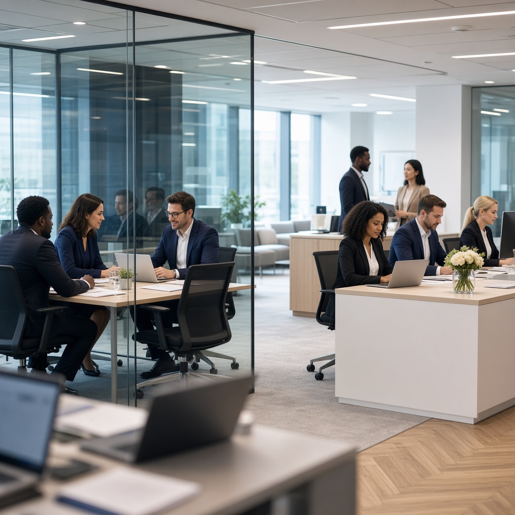 Teams working in a modern UK office environment.