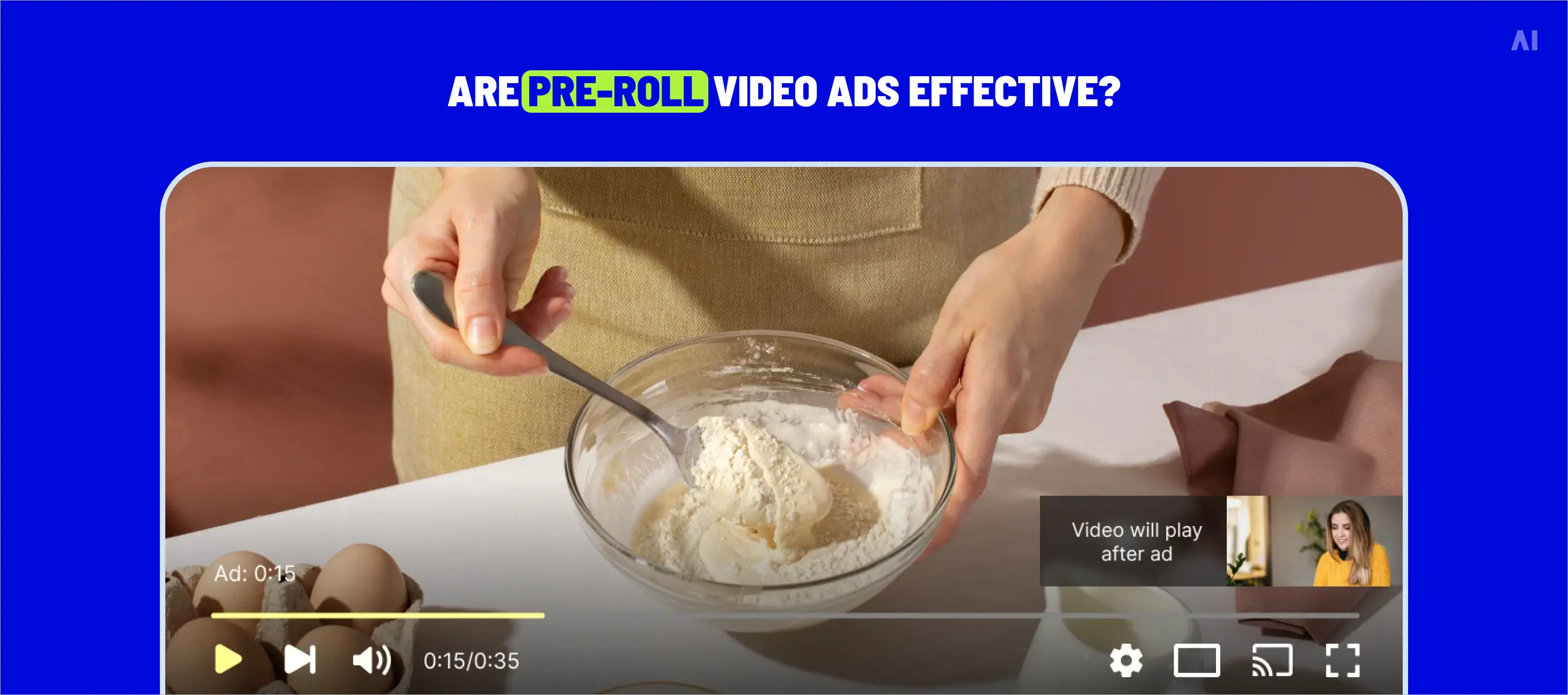Pre-roll video ad example playing before a cooking video