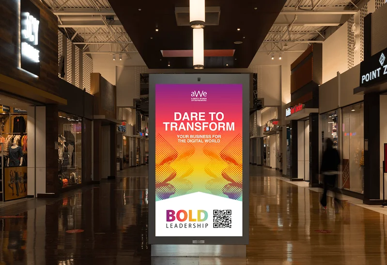 Alberta Women Entrepreneurs digital out-of-home campaign displayed in a shopping mall