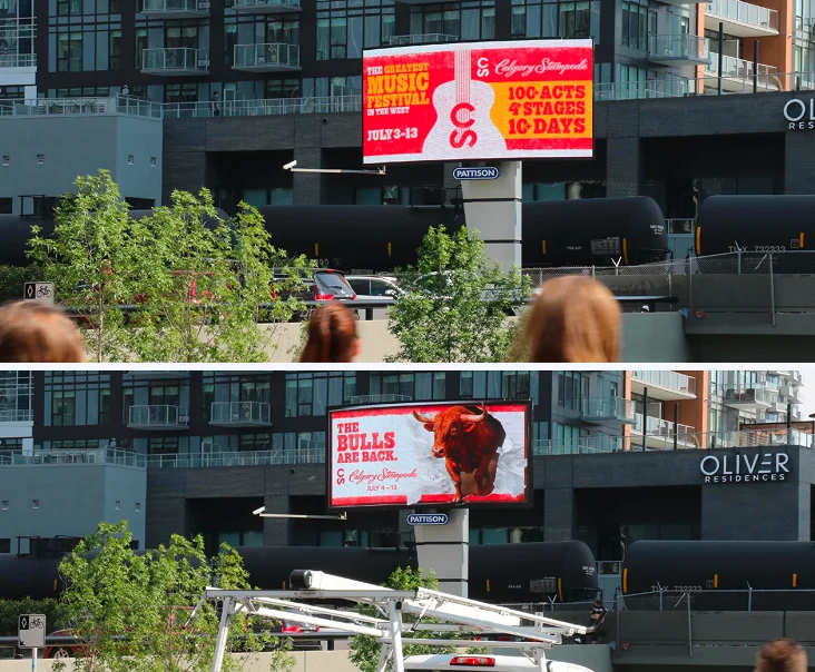 Calgary Stampede digital out-of-home screens promoting the music festival and rodeo