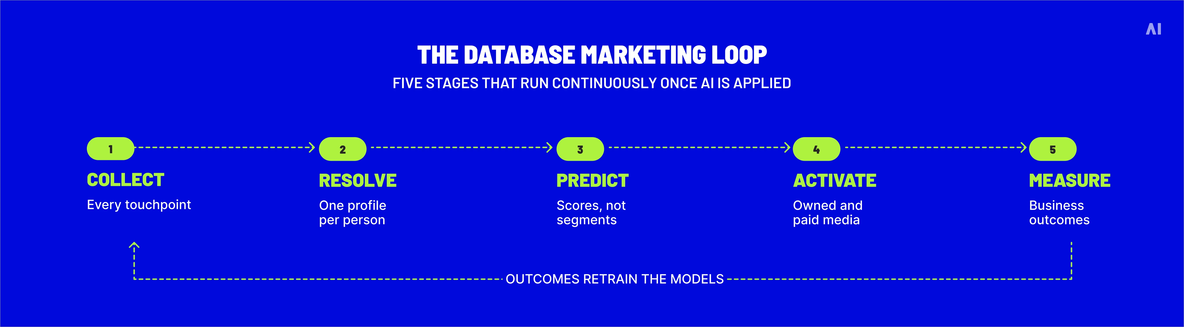 Database marketing loop showing customer data collection, identity resolution, prediction, activation, and measurement