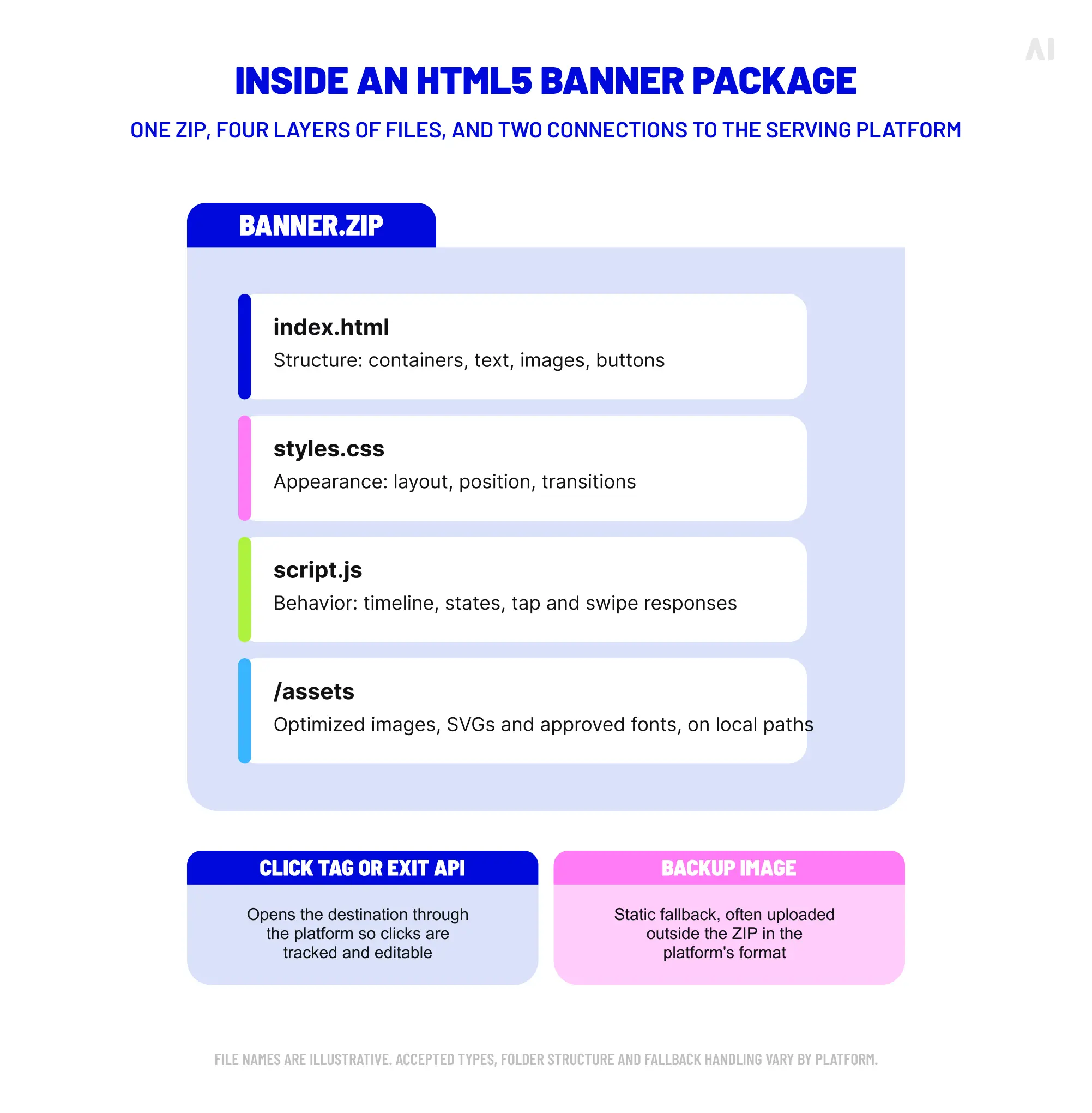 Diagram of an HTML5 banner ZIP package containing HTML, CSS, JavaScript, assets, click tracking and a backup image