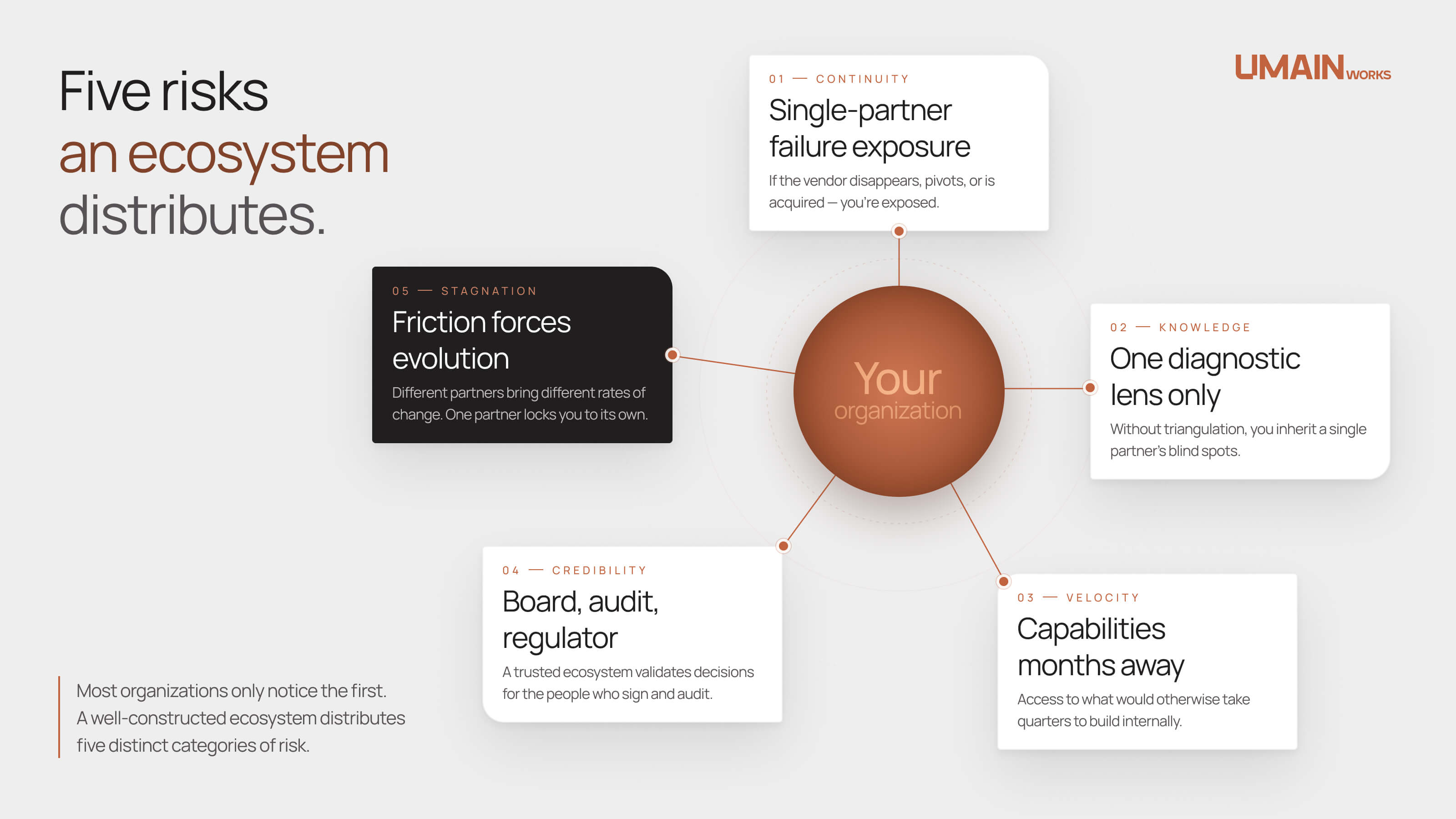 Hub-and-spoke diagram with a central node labelled "Your organization" connected to five satellite cards — Continuity, Knowledge, Velocity, Credibility, and Stagnation — naming the five categories of risk a well-built partner ecosystem distributes.