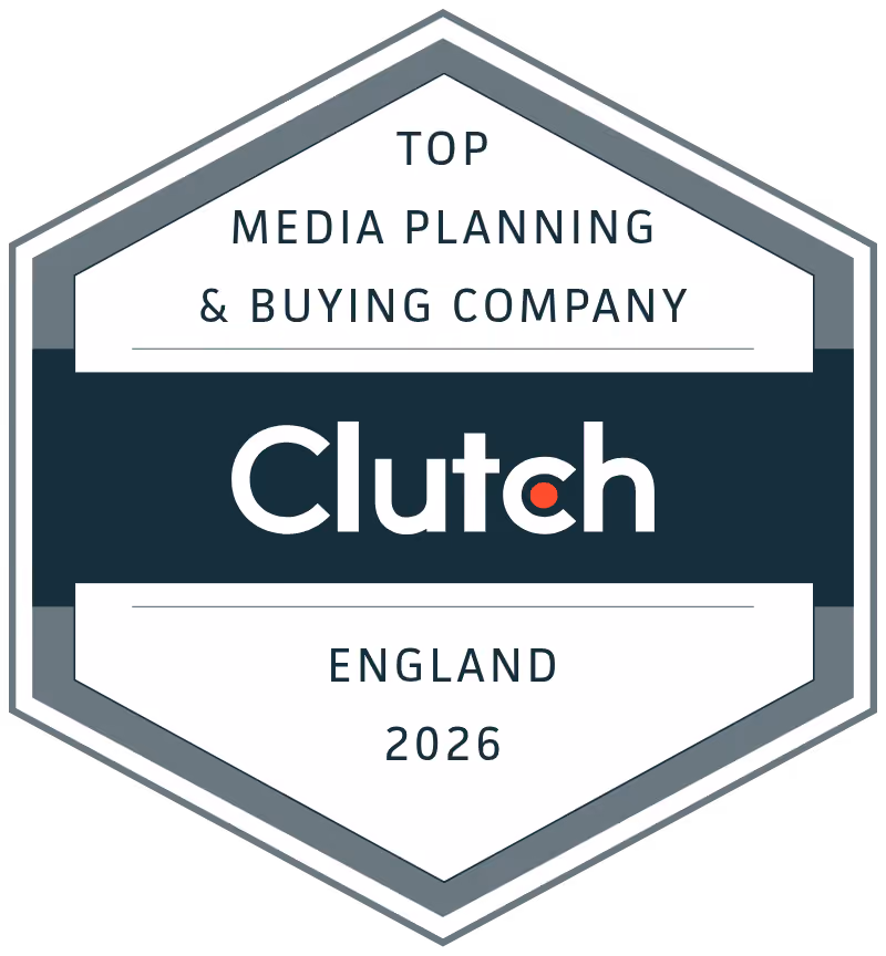 Clutch badge for top media planning and buying company in England 2026.