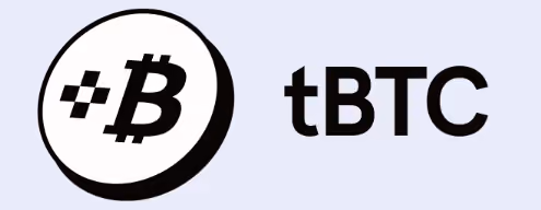 White circular logo with stylized B and checkered pattern beside text tBTC in black.