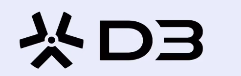 Black abstract three-pronged shape next to bold D3 text on a light background.