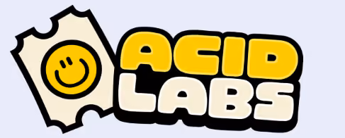 Acid Labs logo with a yellow smiley face on a ticket shape next to bold text in yellow and cream.