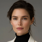 Portrait of a woman with dark hair wearing a white blazer and black turtleneck against a gray background.