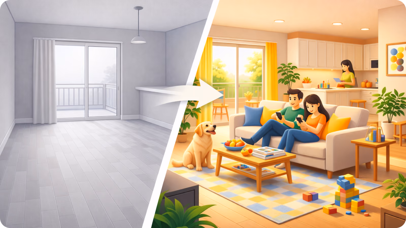An empty living room transitioning to a family room