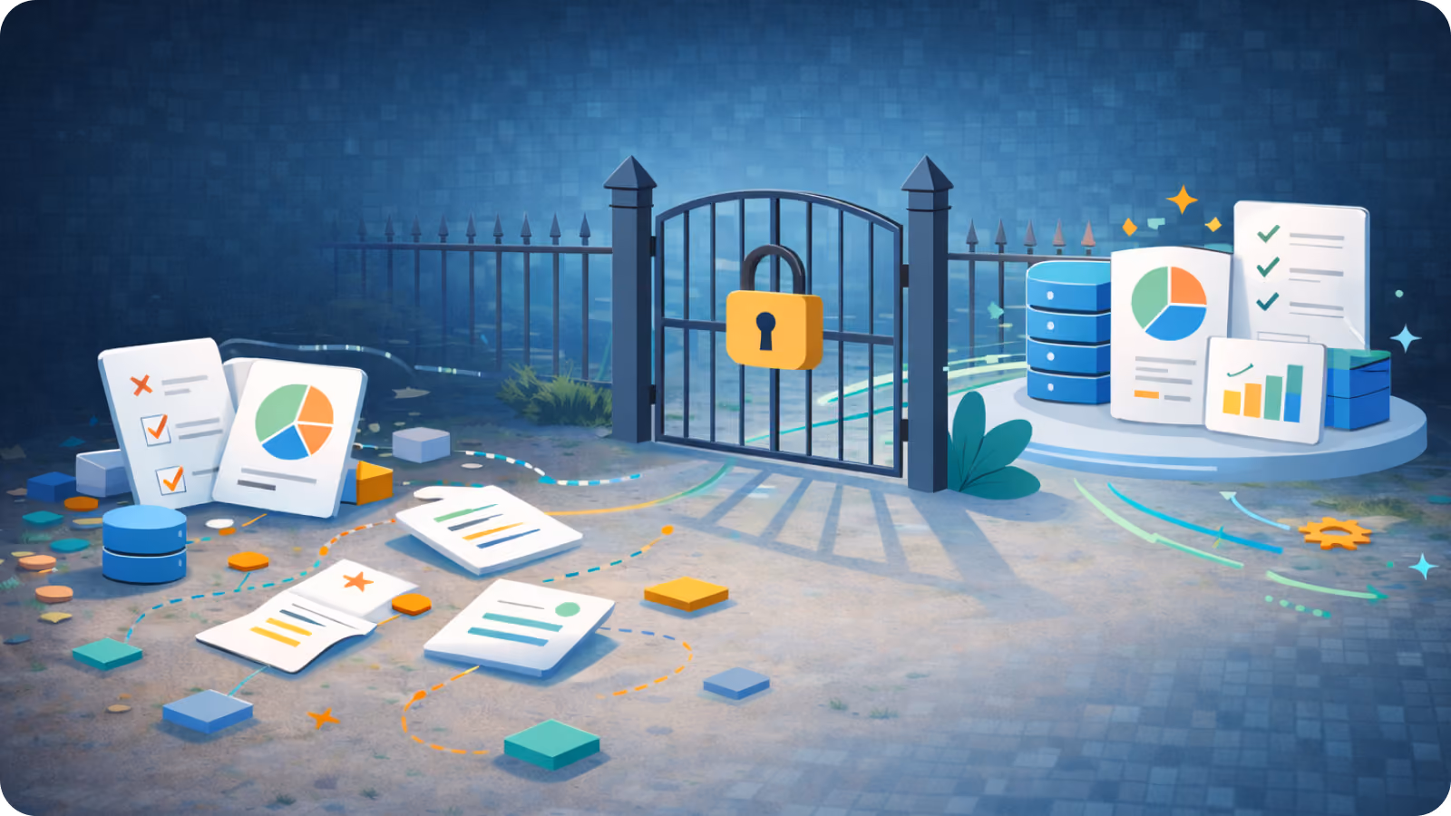 a barrier or locked gate where, in front, data is scattered about and disorganized and on the other side is clean and organized systems and data