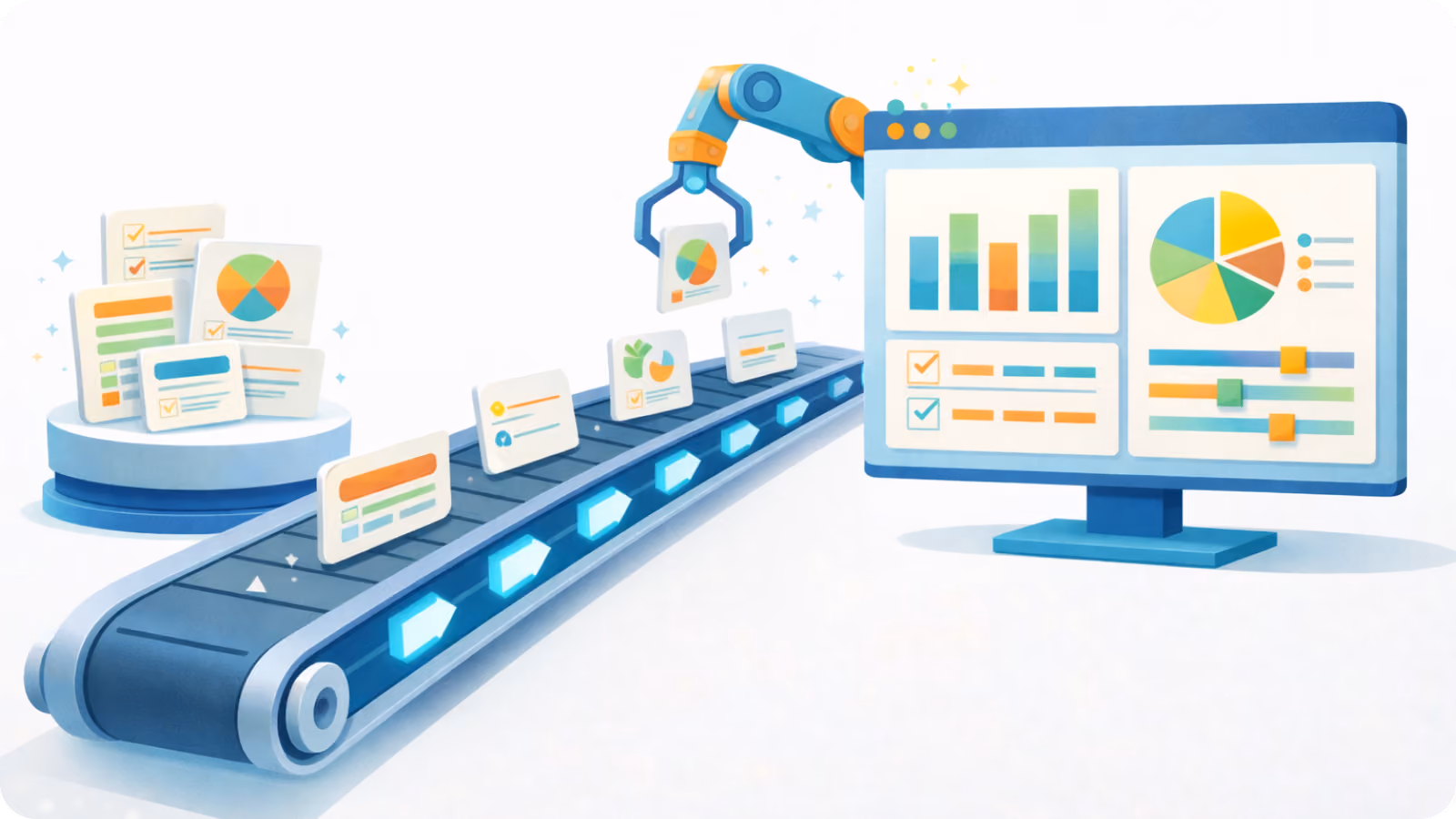a conveyor belt moving digital data cards from one platform to another, automatically sorting and organizing them into a clean dashboard