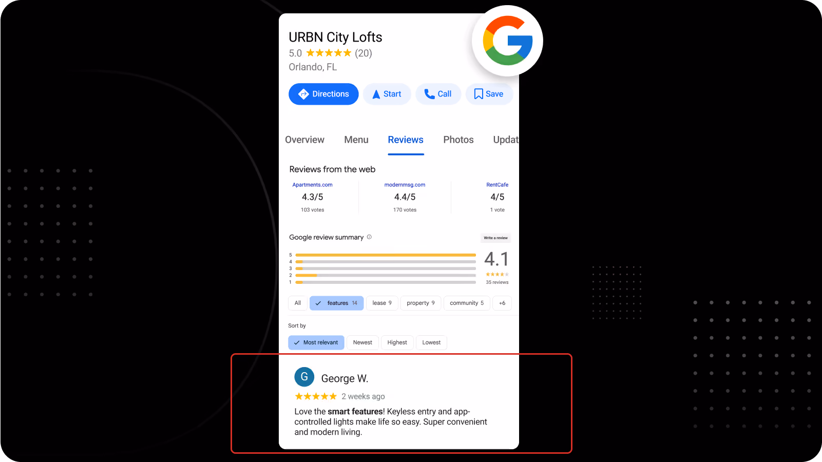 A screenshot of a google business listing and comment about smart home technology features