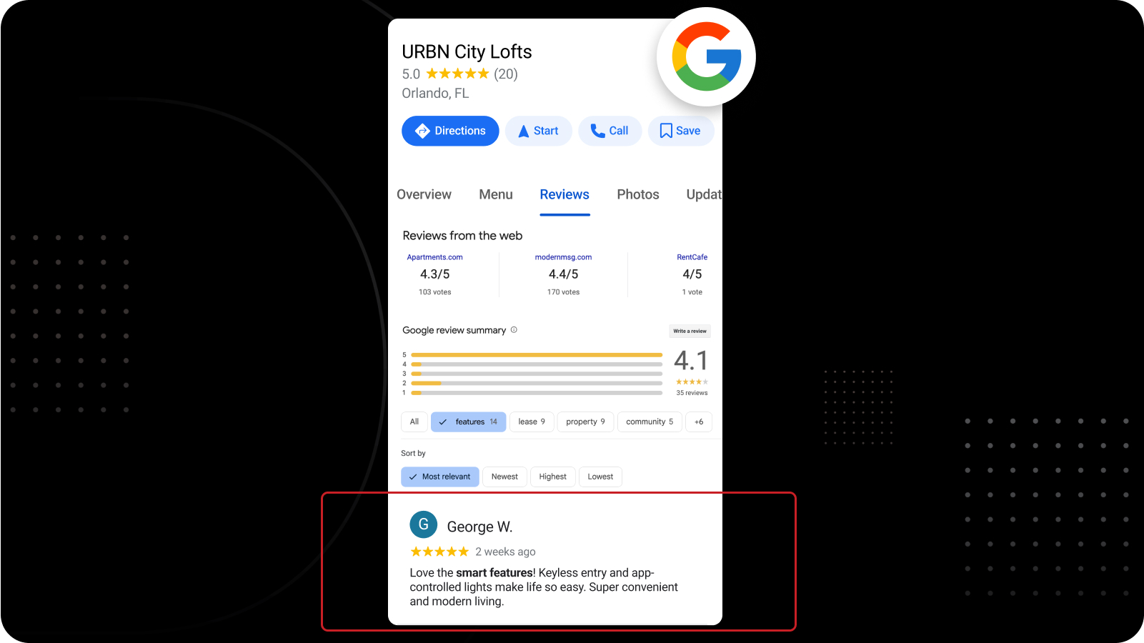 A screenshot of a google business listing and comment about smart home technology features