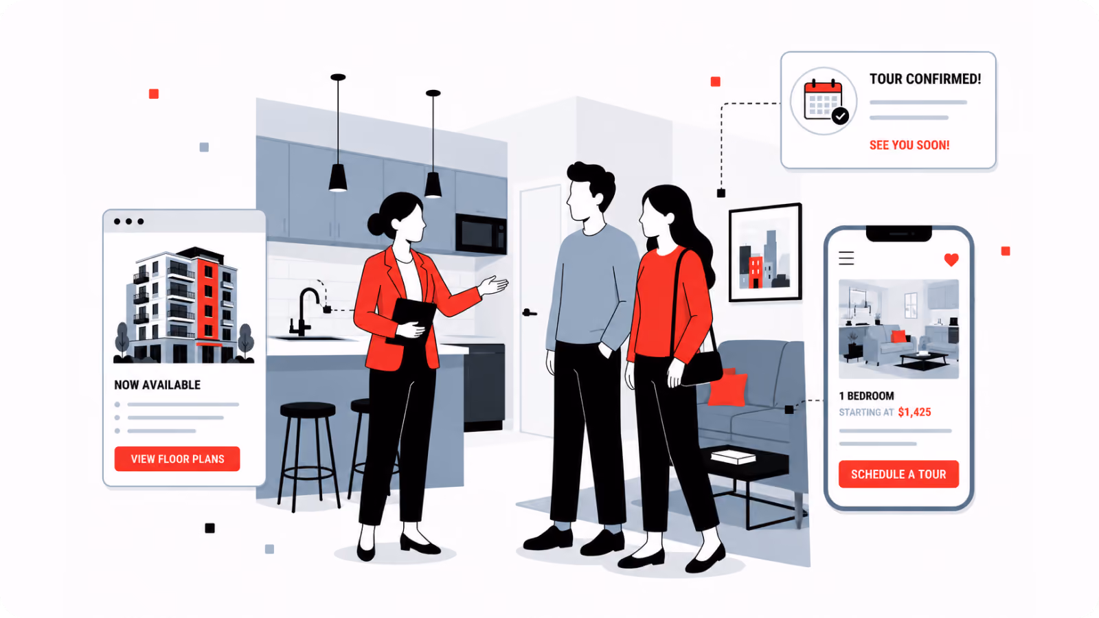A leasing agent giving a couple an apartment tour showing how easy the process should be.