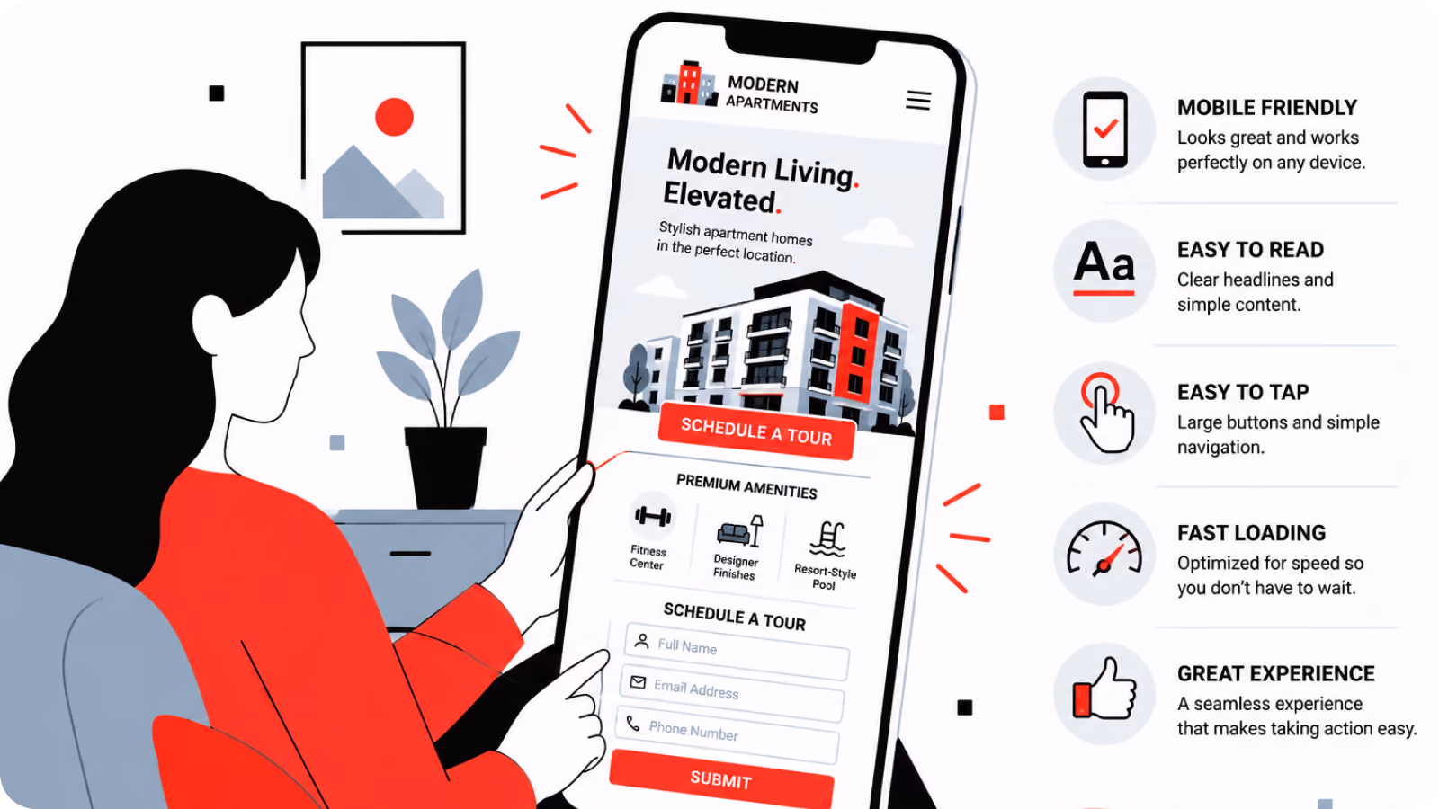Woman using her phone to access a mobile-friendly and well designed apartment website. Shows that it is mobile friendly, easy to read, easy to tap, fast loading, and a great user experience.