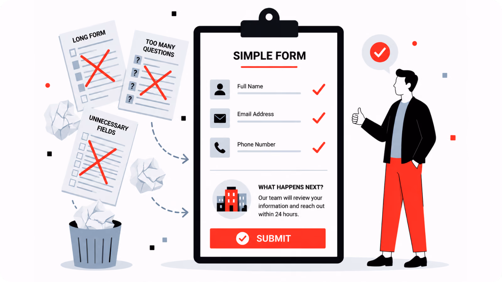 A man having a good experience using a simple form rather than using forms that are long, have too many questions, or have unnecessary fields.