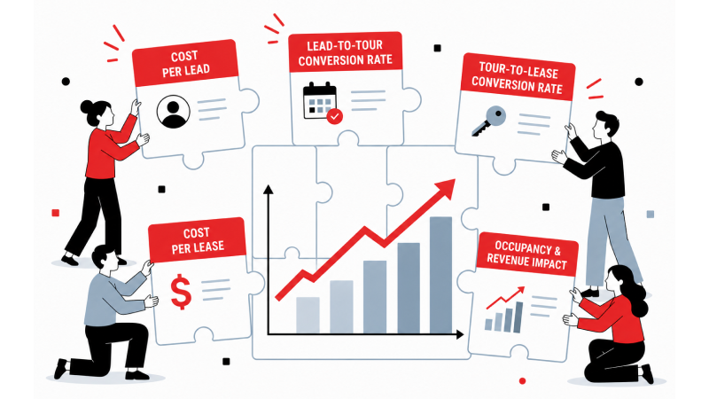 People putting a puzzle together with each piece labeled with KPIs