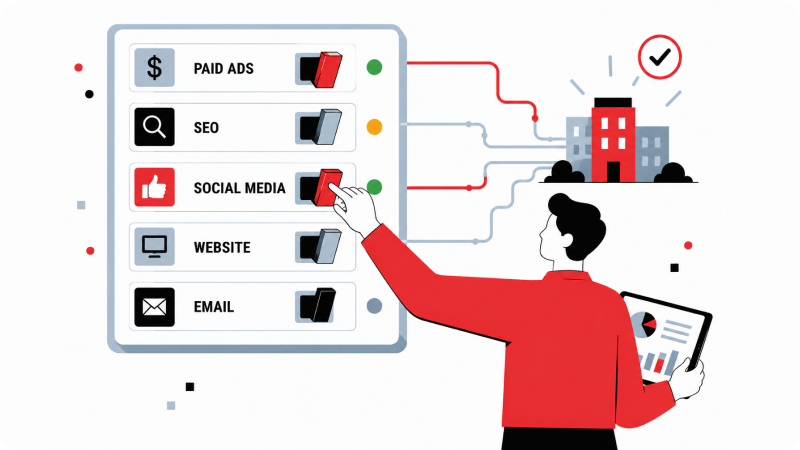 Person flipping switches and checking the status of different marketing channels