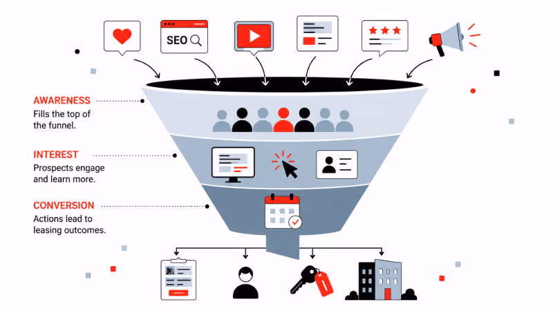 Funnel with icons going into the top and explaining your marketing funnel.