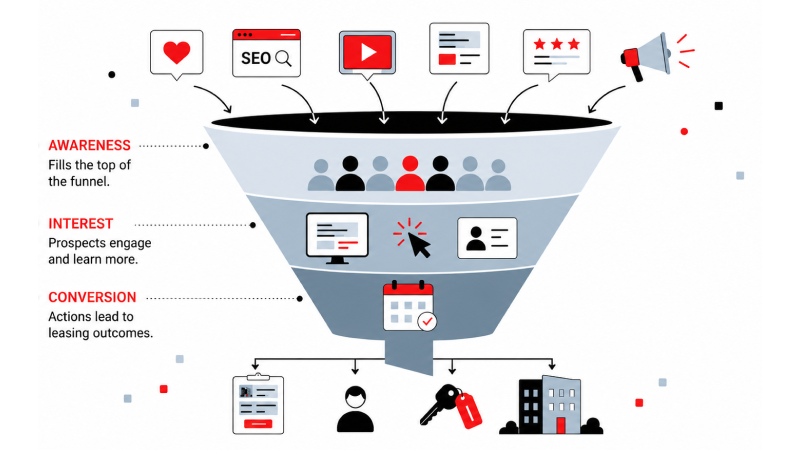 Funnel with icons going into the top and explaining your marketing funnel.