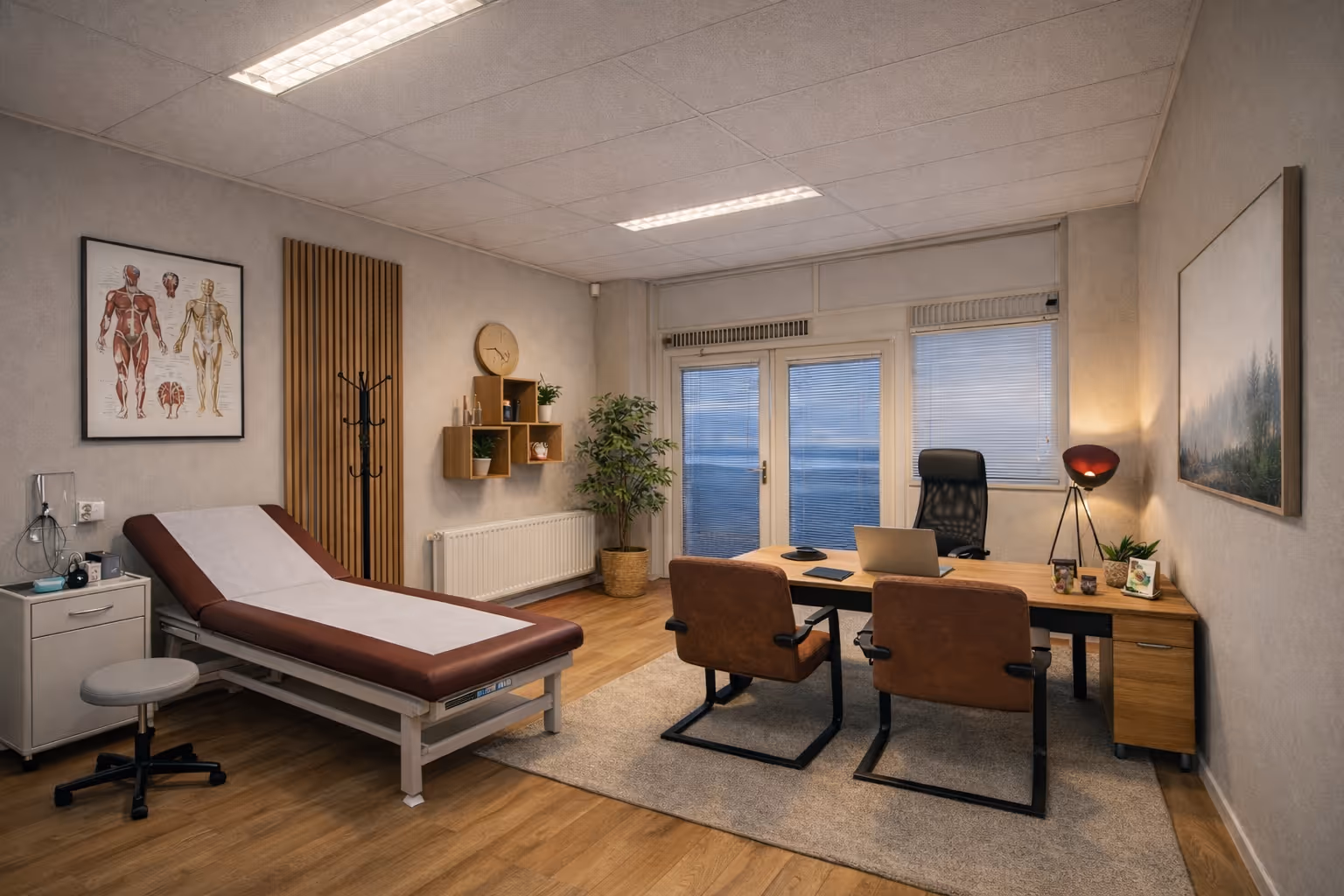 Modern dokterspraktijk met onderzoekstafel, twee stoelen, bureaustoel, houten bureau met laptop en planten, en anatomische poster aan de muur.